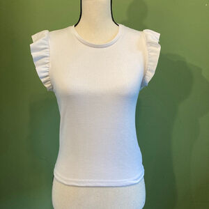 Women's Stradivarius White Ribbed Ruffle Sleeve Short Sleeve Tee M